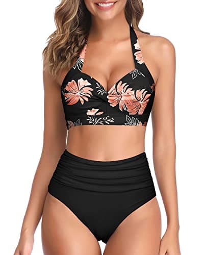 Tempt Me Women's Vintage Swimsuits Floral Black Retro Halter Ruched High Waist Bikini with Bottom L - Image 1