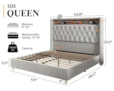 Jocisland Queen Size Bed Frame 53.6'' Tall Headboard LED Lights and Charging Station, Velvet High Upholstered Platform Bed Wingback Storage, No Box Spring Needed, No Motion Light Under Bed, Light Gray - Image 2