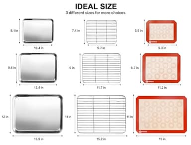 Stainless Steel Baking Sheet Tray Cooling Rack with Silicone Baking Mat Set, Cookie Pan with Cooling Rack, Set of 9 (3 Sheets + 3 Racks + 3 Mats), 10/12/16 Inch, Easy Clean - Image 2