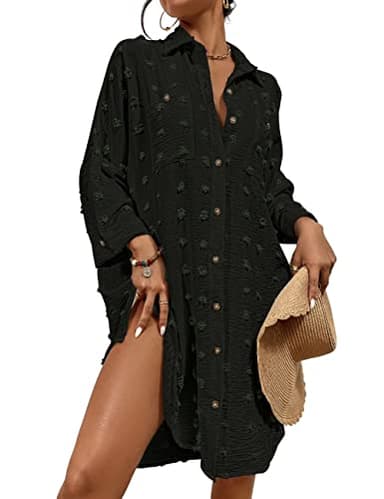 Bsubseach Women Swimsuit Coverup Blouse Button Down Shirt Dresses Swiss Dot Tops Black - Image 1