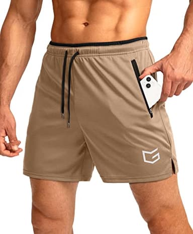 G Gradual Men's Running Shorts with Zipper Pockets Quick Dry Gym Athletic Workout 5" Shorts for Men (Khaki, XX-Large) - Image 1