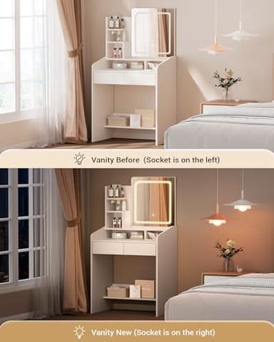 LIVELYGLOW Small Makeup Vanity Desk with Lighted Mirror, White, 23.62" W x 15.74" D x 53.93" H (Smart LED Mirror, Open Shelves, 2 Drawers) - Image 7