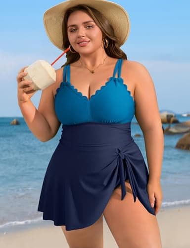 Charmo Women Plus Size Swim Dress Swimsuit Scallop Trim One Piece Tummy Control Bathing Suits Modest Tie Knot Swim Suits Navy Blue 1X - Image 8