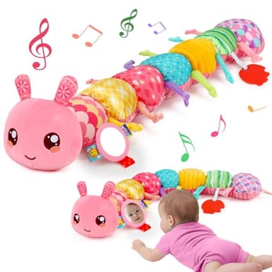 Baby Girls Toys 0-6 Month Music Animal Stuffed Caterpillar Toy for Infant 0-3 3-6 Months with Mirror Crinkle Rattle Tummy Time Sensory Toys for 3 4 5 6-12 Month Old Newborn Baby Shower Birthday Gifts - Image 1