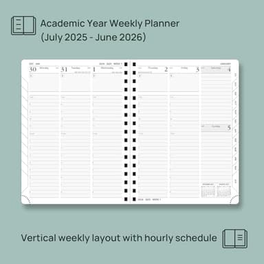 POPRUN Planner 2025-2026 (Medium - 6.5'' x 8.5'') Academic Weekly Calendar (July 2025 - June 2026) with Hourly Time Slots, Monthly Tabs, 100GSM Thick Papers, Spiral Leather Cover - Black - Image 3