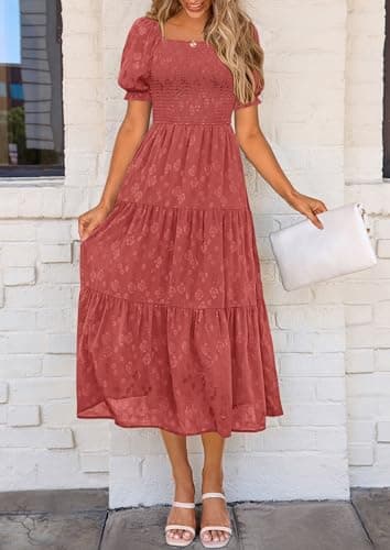 PRETTYGARDEN Women's 2025 Summer Casual Midi Dresses Square Neck Short Sleeve Smocked A Line Floral Flowy Elegant Boho Dress (Bean Paste Red,Medium) - Image 6