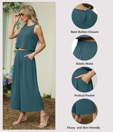 Lepunuo 2 Piece Sets for Women Summer Outfits Sleeveless Crop Top Flowy Wide Leg PantsVacation Lounge Travel Matching Set - Image 2