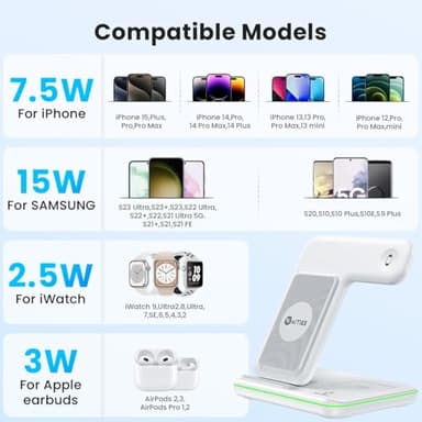 WAITIEE Wireless Charger for iPhone 16 15 14 13 12 11 X 8, 3 in 1 Charging Station for Apple Watch 10/9/8/7/6/5/4/3/2/SE/Ultra/Ultra 2 & for AirPods 4/3/2/Pro/Pro 2(White) - Image 3