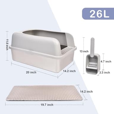 Henkelion Stainless Steel Cat Litter Box with Lid, 20" L x 14.2" W x 11.8" H, Extra Large Litter Box for Big Cats with High Sided, Anti-Urine Leakage, Easy Cleaning, Include Cat Mat and Scoop - Image 3