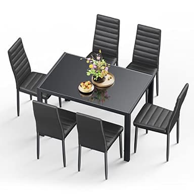 Gizoon Glass Dining Table Sets for 6, 7 Piece Kitchen Table and Chairs Set for 6 Person, PU Leather Modern Dining Room Sets for Home, Kitchen, Living Room - Image 2