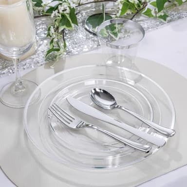 I00000 100PCS Clear Silver Plastic Plates, Clear Plates with Silver Rim, 10 Inch Dinner Plates Premium Party Supply for Wedding Birthdays Party - Image 2