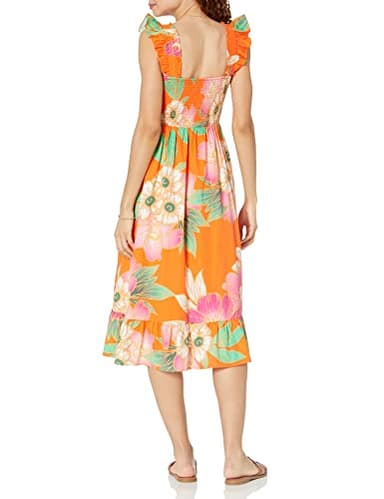 The Drop Women's Kimi Ruffled Shoulder Smocked Midi Dress, Fire Orange Floral, XS - Image 2