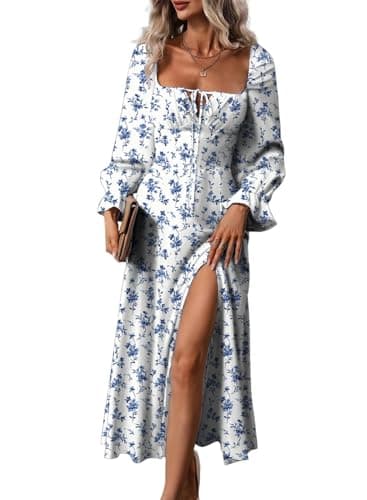 BLENCOT Womens Casual Square Neck Long Sleeve Boho Floral Midi Dress Print Side Split Dresses White XL - Image 1