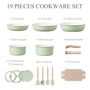 CAROTE Pots and Pans Set, Nonstick Cookware Set Detachable Handle, 19pcs Induction Kitchen Cookware Sets Non Stick with Removable Handle, RV Cookware Set, Oven Safe, Sage Green - Image 2