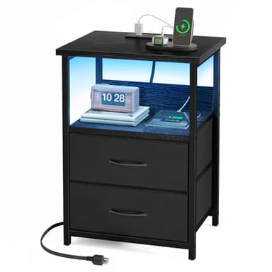Fixwal Night Stand with Charging Station, LED Nightstand with U-S-B Ports and Outlets, 2 Fabric Storage Drawers with PU Finish, Small Bedside Table, Black - Image 1
