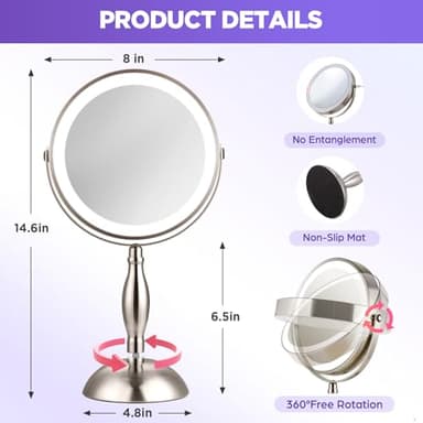 20x Magnifying Mirror with Light, Lighted Makeup Mirror with 3 Color Modes and Adjustable Brightness, Side Charging Port & SideTouch Sensor, 360° Rotation Double Sided Standing Mirror-Brushed Nickel - Image 6