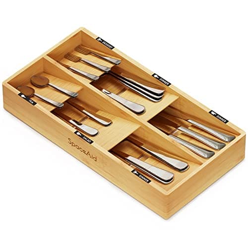 SpaceAid Bamboo Silverware Drawer Organizer with Labels, Kitchen Utensil Tray Holder Organizer for Flatware, Cutlery, Spoon and Knives Drawer Storage Organization (Natural, 6 Slots) - Image 1