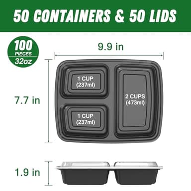 50 Pack (100-Piece) 32 oz Meal Prep Containers Reusable with Lids 3-Compartment, To Go Take Out Plastic Food Storage Containers, Sturdy Leakproof Food Safe, Microwave Freezer Dishwasher Safe, Black - Image 2