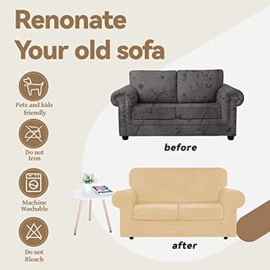 WEERRW Velvet Couch Covers for 2 Cushion Couch Sofa - High Stretch Luxury Velvet Plush 3 Pieces Sofa Slipcovers with Elastic Bottom, Furniture Protector for Pets, Machine Washable, Champagne, Medium - Image 6