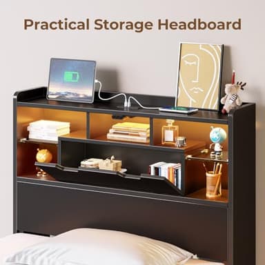 Rolanstar Twin Bed Frame with Headboard, LED Bed with Bookcase Storage and Charging Station, Metal Platform Bed with Glass Shelves, No Box Spring Needed, Noise-Free, Black - Image 4