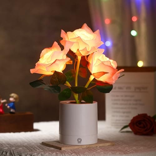 WSYEAR Pink Rose Flower Lamp, Valentine's Day LED Artificial Flowers Gifts for Her Wife Girlfriend Small Table Lamp Night Light, Cordless Touch Lamp - Image 1