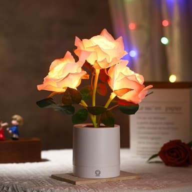 WSYEAR Pink Rose Flower Lamp, Valentine's Day LED Artificial Flowers Gifts for Her Wife Girlfriend Small Table Lamp Night Light, Cordless Touch Lamp - Image 1