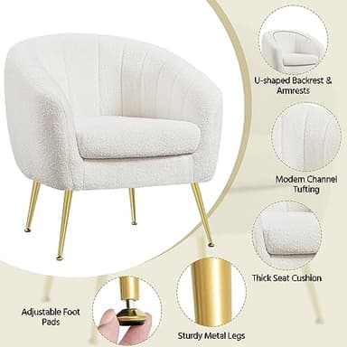 Yaheetech Sherpa Fabric Accent Chair, Modern Cozy Vanity Chair with Gold Metal Legs, Boucle Fabric Armchair with Removable Seat Cushion for Living Room Bedroom Office Guest Room, Ivory - Image 4