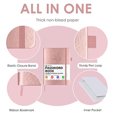 Elegant Password Book with Alphabetical Tabs - Hardcover Password Book for Internet Website Address Login - 5.2" x 7.6" Password Keeper and Organizer w/Notes Section & Back Pocket (Rose Gold) - Image 3