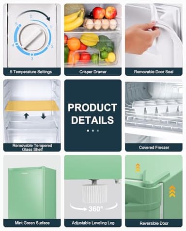 Upstreman 3.2 Cu.Ft Mini Fridge with Freezer, Single Door Mini Fridge, Dorm Fridge, Adjustable Thermostat, Mini Refrigerator for Bedroom, Office, Dorm, Green-BR321 - Image 4