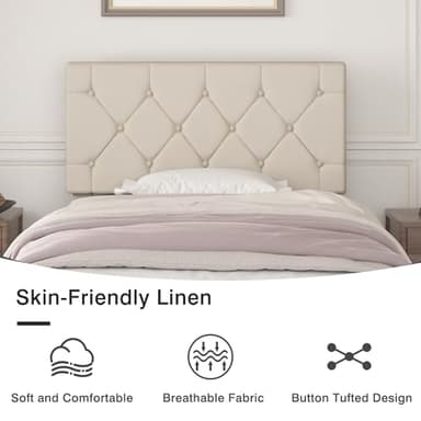 VECELO Twin Size Bed Frame with Button Tufted Headboard, Upholstered Platform Bedframe with Wood Slat Support, No Box Spring Needed, Beige - Image 5