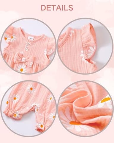 Renotemy Infant Baby Rompers Girl Cotton Linen Short Sleeve Outfits One-Piece Bodysuit Baby Girl Clothes 3-6 Months Daisy Flower Pink - Image 5