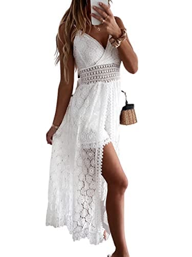 CUPSHE Women's Maxi Jumpsuit Summer Slip Ruching Smocking Lace Jumpsuit V Neck Speghetti Straps Backless High Low White, XXL - Image 1