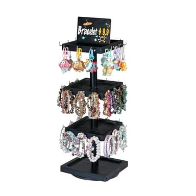 Donmills Bracelet Holder, 360° Rotating Wooden 3 Tier Rotating Jewelry Display Stand, Tree Stand Display with Advertising Board, 39 Hooks for Bracelet, Key Chain Display Stand for Vendors Black Color - Image 1
