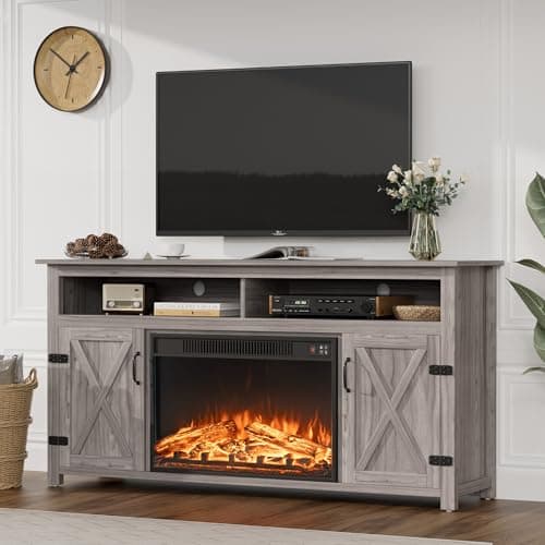 JUMMICO Fireplace TV Stand for TVs Up to 65+ Inch Entertainment Center with Open Storage Shelves and Side Cabinets, Media Console Table with Barn Doors for Living Room (Grey) - Image 1