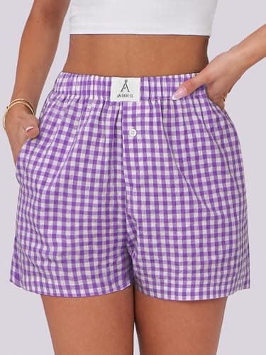 ANRABESS Boxer Shorts for Women Gingham Pajama 2025 Summer Casual Lounge Sleep Plaid Shorts Y2K Beach Bottoms Purple White Plaid Large - Image 5