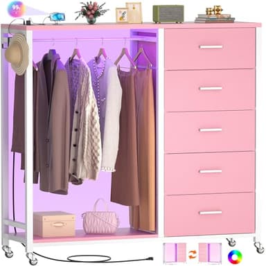 Cyclysio Dresser with Hanging Rack, 5 Fabric Drawers Dresser with Clothes Rack, Wooden Top Storage Chest of Drawers with Charging Station & LED Lights, Lockable Wheels, Closet - Image 1