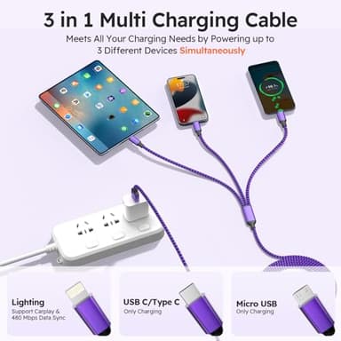 USB A + USB C Multi Charging Cable, 3 in 1 Chargers for Multiple Devices, Universal Charger with Multiple Connectors —Type C, IP, Micro USB Cable for iPhone17/16/15/14, iPad, Galaxy, Kindle(2Pack 4FT) - Image 3