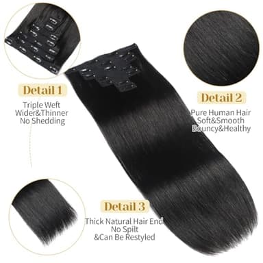 Mocona Clip in Hair Extensions Real Human Hair, Natural Black – 24 Inch 7pcs 70g/Pack, Soft Hair Extensions Real Human Hair Clip ins Straight Suitable for all Hair Types (#1B 24 Inch) - Image 3