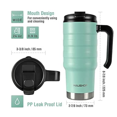 HAUSHOF 24 oz Travel Mug, Stainless Double Wall Vacuum Insulated Tumbler with Handle & Spill Proof Twist On Flip Lid and Wide Mouth, BPA Free - Image 2