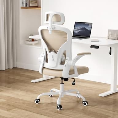 Farini Ergonomic Office Chair, Home Office Desk Chair with Headrest, High Back Computer Chair with Armrests and Adjustable Lumbar Support for Home Office Study Room, White & Khaki - Image 8