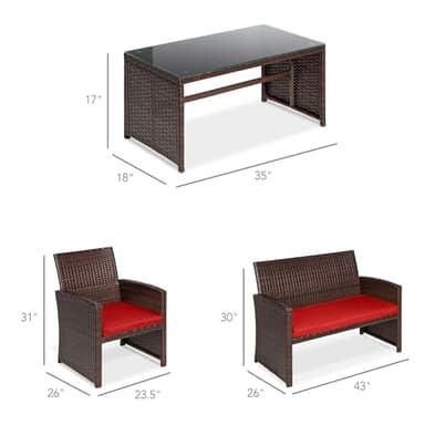 Best Choice Products 4-Piece Outdoor Wicker Patio Conversation Furniture Set for Backyard w/Coffee Table, Seat Cushions - Brown/Red - Image 7