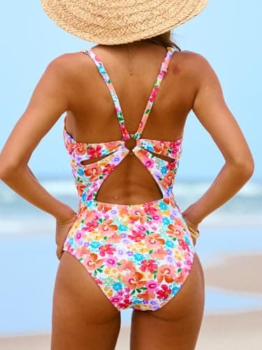 CUPSHE Women's One Piece Swimsuit Deep V Neck Keyhole Cutout O Ring Textured Bathing Suit, L - Image 2