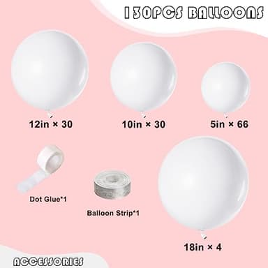 130PCS White Balloons Different Sizes 18" 12" 10" 5" Balloon Garland Arch Kit perfect for Birthday Party, Graduation, Baby Shower, Wedding, Holiday Decoration and Anniversary (White balloons) - Image 2