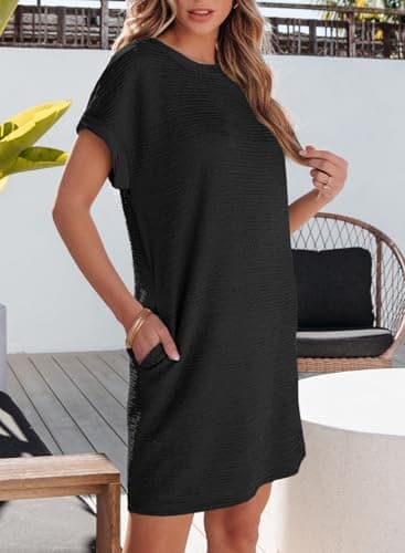 EVALESS Cute Dresses for Women Spring Summer Dress 2025 Fashion Short Sleeve Mini Dress Crewneck Vacation Tshirt Dresses with Pockets Black X-Large - Image 4