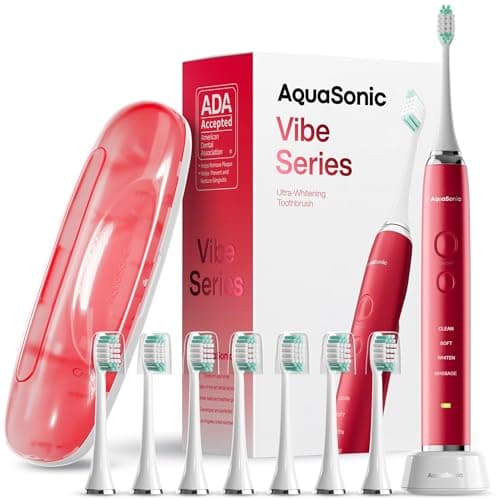 Aquasonic Vibe Series Ultra-Whitening Toothbrush – ADA Accepted Electric Toothbrush - 8 Brush Heads & Travel Case – 40,000 VPM Motor & Wireless Charging - 4 Modes w Smart Timer – Ruby - Image 1