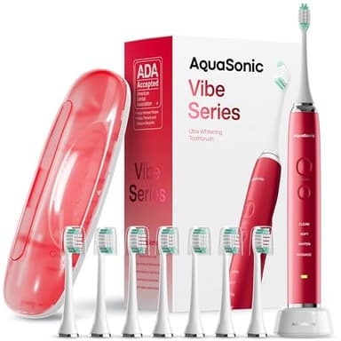 Aquasonic Vibe Series Ultra-Whitening Toothbrush – ADA Accepted Electric Toothbrush - 8 Brush Heads & Travel Case – 40,000 VPM Motor & Wireless Charging - 4 Modes w Smart Timer – Ruby - Image 1