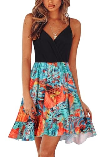 ULTRANICE Womens 2025 Summer Dresses Sundress Casual Dress Spring Trendy Floral Flowy Wrap Beach Vacation Outfits Hawaiian Tropical Spaghetti Strap V Neck Dress(Black Blue Orange Floral,XL) - Image 1