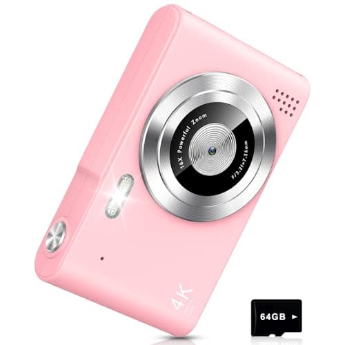 Digital Camera, Camera for Kids, UHD 4K 48MP Point and Shoot Digital Cameras with 64GB SD Card and 16X Digital Zoom Anti Shake, Compact Portable Small Gift for Boys Girls Students, Cherry Pink - Image 1
