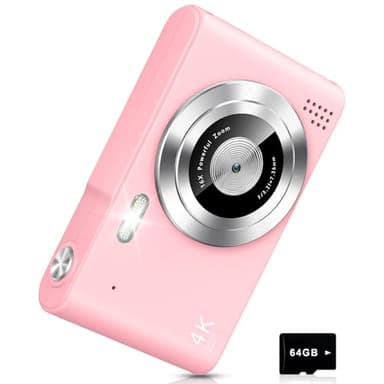 Digital Camera, Camera for Kids, UHD 4K 48MP Point and Shoot Digital Cameras with 64GB SD Card and 16X Digital Zoom Anti Shake, Compact Portable Small Gift for Boys Girls Students, Cherry Pink - Image 1