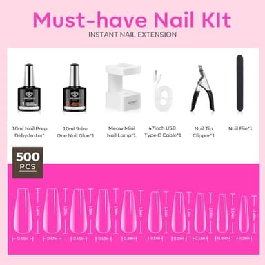 modelones Gel Nail Kit, Fake Nails Long Coffin, 9-in-One Glue Prep Dehydrator & Portable Mini U V Light Acrylic Clipper, 500Pcs Coffin Tips for Extension Kit DIY Salon Home Gifts for Women - Image 6